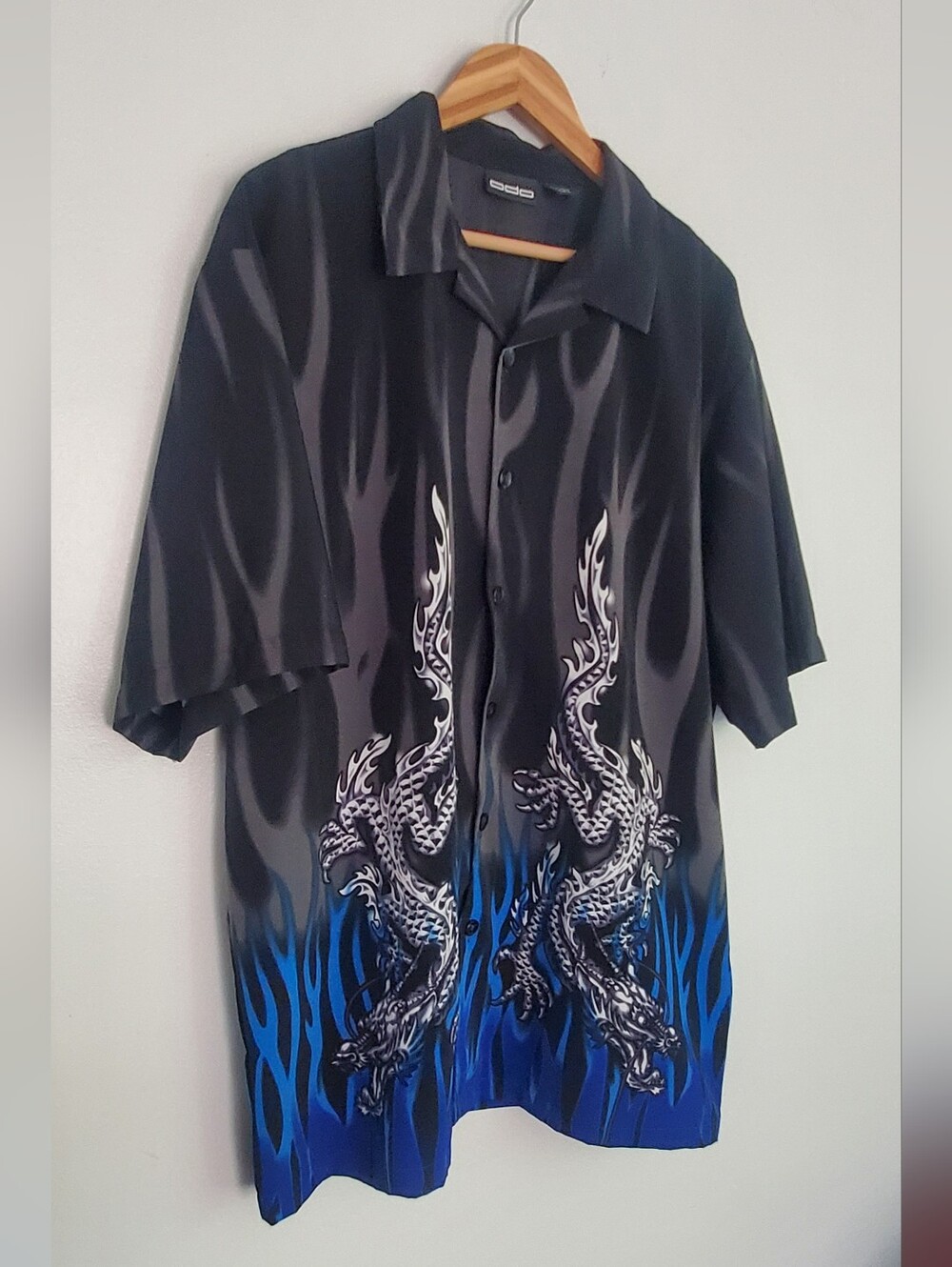 ODO Y2k Black Shirt with Blue Flame & Dragon Motif Size XL - Picture 2 of 6